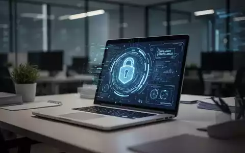 Moderner Büroarbeitsplatz mit digitaler Sicherheitsoberfläche auf einem Laptop zur Veranschaulichung von Compliance-Schulungen. - Foto: über boerse-global.de