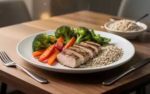 Eine ausgewogene Mahlzeit mit frischem Gemüse, Proteinen und Vollkornprodukten auf einem Holztisch. - Foto: über boerse-global.de