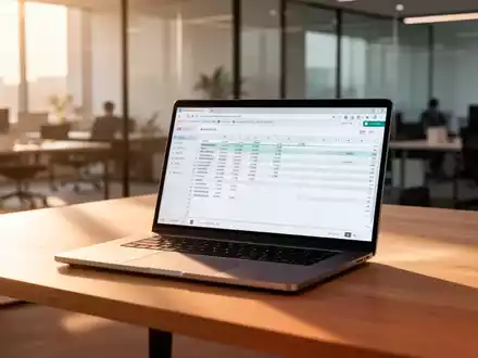 Moderner, minimalistischer Arbeitsplatz mit Laptop und Bürosoftware auf einem Holztisch. - Foto: über boerse-global.de