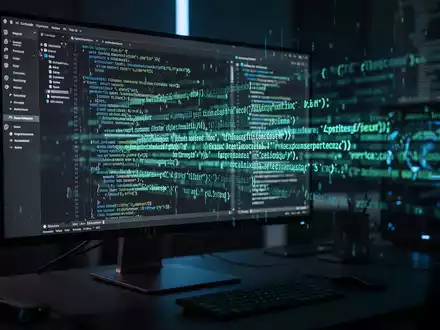 Ein moderner Arbeitsplatz mit fließendem Programmcode auf einem Bildschirm, der die Integration von KI in die Softwareentwicklung symbolisiert. - Foto: über boerse-global.de