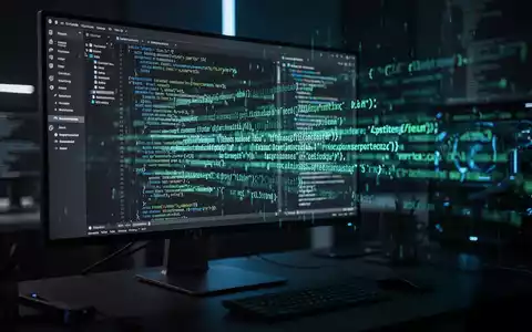 Ein moderner Arbeitsplatz mit fließendem Programmcode auf einem Bildschirm, der die Integration von KI in die Softwareentwicklung symbolisiert. - Foto: über boerse-global.de