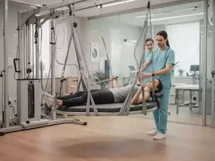Eine Physiotherapeutin begleitet eine Patientin bei einer therapeutischen Schaukelbehandlung in einer modernen Praxis. - Foto: über boerse-global.de