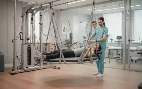 Eine Physiotherapeutin begleitet eine Patientin bei einer therapeutischen Schaukelbehandlung in einer modernen Praxis. - Foto: über boerse-global.de