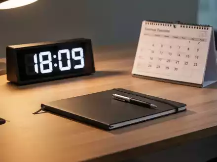 Ein minimalistischer Büroschreibtisch mit Notizbuch und Kalender als Symbol für Arbeitszeit und Zeitausgleich. - Foto: über boerse-global.de