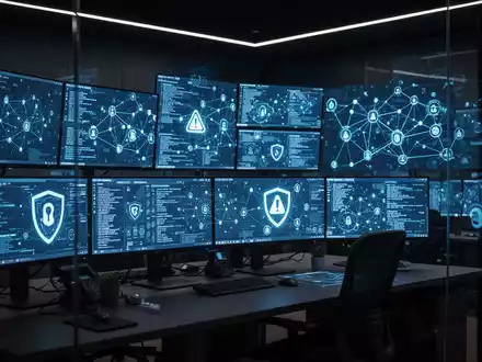 Dunkles Kontrollzentrum mit leuchtenden Bildschirmen, die Datenströme und digitale Sicherheitswarnungen anzeigen. - Foto: über boerse-global.de