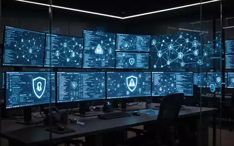 Dunkles Kontrollzentrum mit leuchtenden Bildschirmen, die Datenströme und digitale Sicherheitswarnungen anzeigen. - Foto: über boerse-global.de