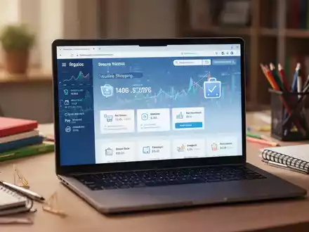Ein Laptop zeigt einen sicheren Online-Shop, während im Hintergrund Schulmaterialien auf einem Schreibtisch liegen. - Foto: über boerse-global.de