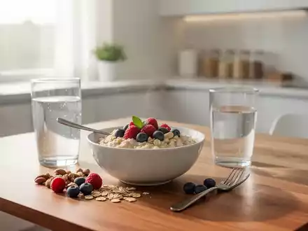 Ein gesundes, proteinreiches Frühstück mit Haferflocken, Beeren und Nüssen auf einem Holztisch bei morgendlichem Licht. - Foto: über boerse-global.de