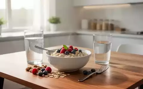 Ein gesundes, proteinreiches Frühstück mit Haferflocken, Beeren und Nüssen auf einem Holztisch bei morgendlichem Licht. - Foto: über boerse-global.de