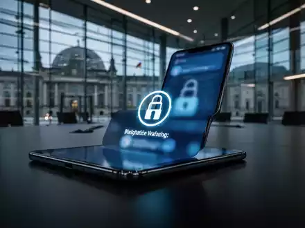 Ein Smartphone mit einer digitalen Sicherheitswarnung vor dem Hintergrund eines modernen Büros im Deutschen Bundestag. - Foto: über boerse-global.de