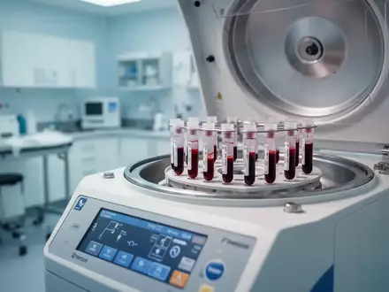 Zentrifuge mit Blutplasma-Proben in einer modernen orthopädischen Praxis zur Behandlung von Kniearthrose. - Foto: über boerse-global.de