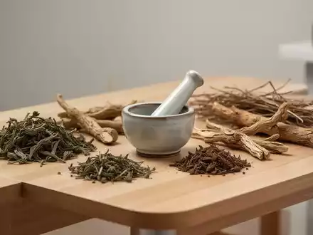 Traditionelle chinesische Heilkräuter und ein Mörser auf einem Holztisch als Symbol für komplementäre Medizin. - Foto: über boerse-global.de