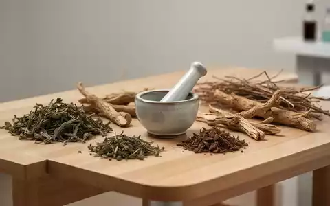 Traditionelle chinesische Heilkräuter und ein Mörser auf einem Holztisch als Symbol für komplementäre Medizin. - Foto: über boerse-global.de