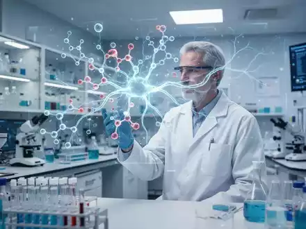 Wissenschaftler in einem modernen Labor betrachtet eine holografische Darstellung von molekularen Strukturen. - Foto: über boerse-global.de
