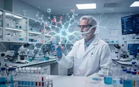 Wissenschaftler in einem modernen Labor betrachtet eine holografische Darstellung von molekularen Strukturen. - Foto: über boerse-global.de