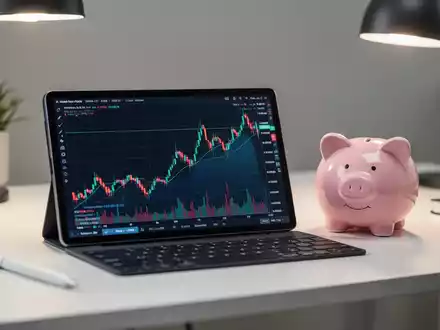 Ein modernes Büro-Setup mit einem Tablet, das einen steigenden Aktienchart zeigt, und einem Sparschwein als Symbol für die Altersvorsorge. - Foto: über boerse-global.de
