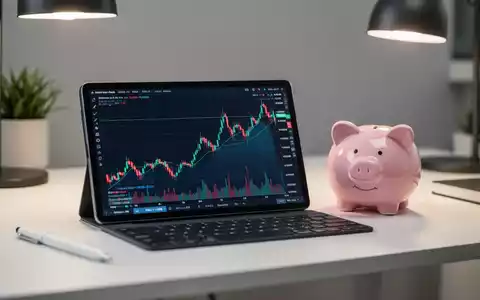 Ein modernes Büro-Setup mit einem Tablet, das einen steigenden Aktienchart zeigt, und einem Sparschwein als Symbol für die Altersvorsorge. - Foto: über boerse-global.de