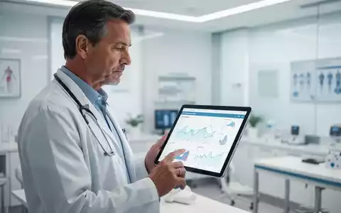 Eine Person mittleren Alters betrachtet in einer modernen Arztpraxis gesundheitsbezogene Daten auf einem Tablet. - Foto: über boerse-global.de
