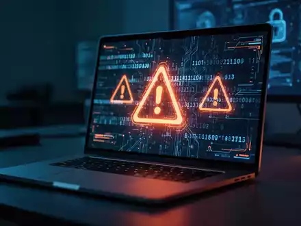Ein Laptop-Bildschirm mit abstraktem Programmcode und digitalen Warnsymbolen als Metapher für Cybersicherheit. - Foto: über boerse-global.de