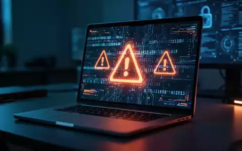 Ein Laptop-Bildschirm mit abstraktem Programmcode und digitalen Warnsymbolen als Metapher für Cybersicherheit. - Foto: über boerse-global.de