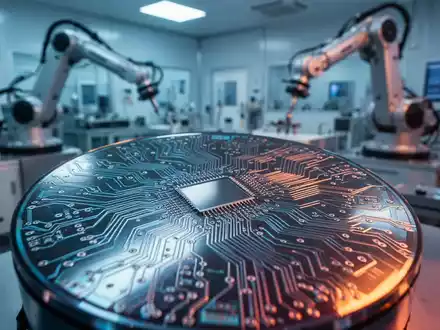 Nahaufnahme eines Hightech-Siliziumwafers mit komplexer Mikrochip-Schaltung in einer modernen Halbleiterfertigungsanlage. - Foto: über boerse-global.de