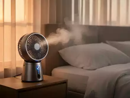 Ein moderner, kompakter Ventilator mit Luftbefeuchtungsfunktion auf einem Nachttisch in einem hellen Schlafzimmer. - Foto: ĂŒber boerse-global.de