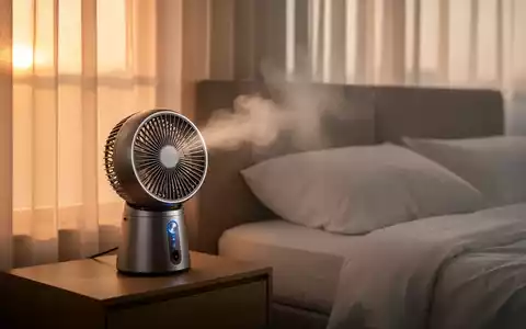 Ein moderner, kompakter Ventilator mit Luftbefeuchtungsfunktion auf einem Nachttisch in einem hellen Schlafzimmer. - Foto: über boerse-global.de