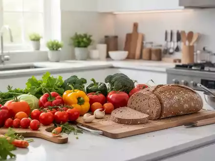 Frisches Gemüse und Vollkornbrot in einer hellen, professionellen Lehrküche als Symbol für gesunde Ernährung. - Foto: über boerse-global.de