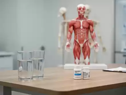 Ein anatomisches Muskelmodell in einer modernen orthopädischen Praxis neben einem Glas Wasser auf einem Schreibtisch. - Foto: über boerse-global.de