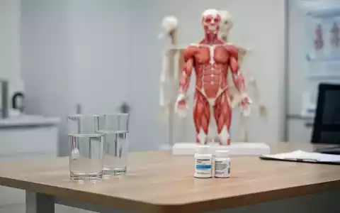 Ein anatomisches Muskelmodell in einer modernen orthopädischen Praxis neben einem Glas Wasser auf einem Schreibtisch. - Foto: über boerse-global.de