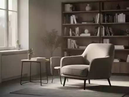 Modernes, helles Psychotherapie-Büro mit einem Sessel und einem Bücherregal im Hintergrund. - Foto: über boerse-global.de