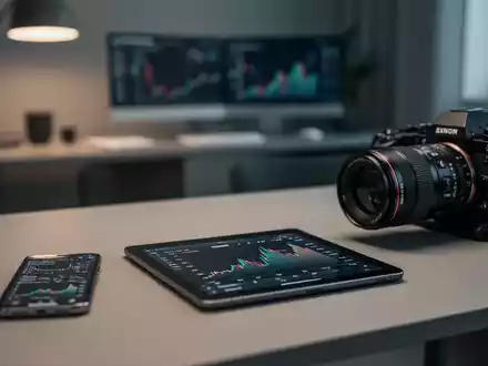 Ein moderner Schreibtisch mit Smartphone und Kameraausrüstung für digitale Inhalte vor einem unscharfen Hintergrund. - Foto: über boerse-global.de