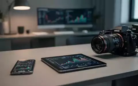 Ein moderner Schreibtisch mit Smartphone und Kameraausrüstung für digitale Inhalte vor einem unscharfen Hintergrund. - Foto: über boerse-global.de