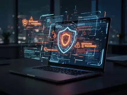 Digitale Sicherheitswarnungen und abstraktes Code-Interface auf einem Laptop als Symbol für Cyberkriminalität. - Foto: über boerse-global.de