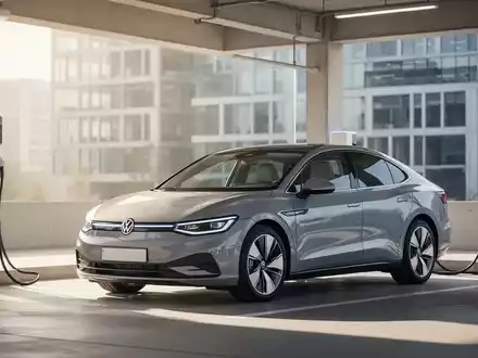 Ein modernes Elektroauto von Volkswagen steht in einer hellen Ladestation vor einem unscharfen Bürogebäude. - Foto: über boerse-global.de