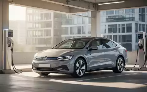 Ein modernes Elektroauto von Volkswagen steht in einer hellen Ladestation vor einem unscharfen Bürogebäude. - Foto: über boerse-global.de