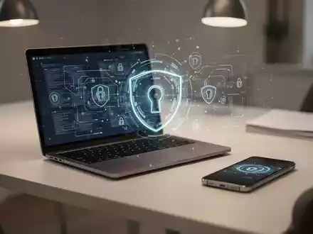 Ein moderner Schreibtisch mit Laptop und Smartphone als Symbol für digitale Sicherheit und Identitätsschutz. - Foto: über boerse-global.de