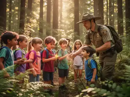Eine Gruppe Kinder erkundet gemeinsam mit einer Rangerin einen sonnigen Wald im Rahmen eines pädagogischen Projekts. - Foto: über boerse-global.de