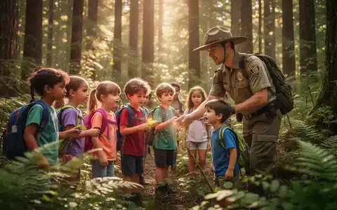 Eine Gruppe Kinder erkundet gemeinsam mit einer Rangerin einen sonnigen Wald im Rahmen eines pädagogischen Projekts. - Foto: über boerse-global.de