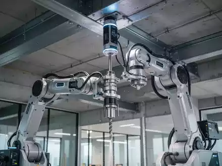 Autonomer Roboter führt Präzisionsbohrungen an einer Decke auf einer Baustelle in einem modernen Geschäftsgebäude durch. - Foto: über boerse-global.de