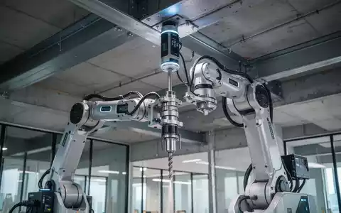 Autonomer Roboter fĂŒhrt PrĂ€zisionsbohrungen an einer Decke auf einer Baustelle in einem modernen GeschĂ€ftsgebĂ€ude durch. - Foto: ĂŒber boerse-global.de