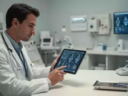 Ein Arzt betrachtet in einem modernen Behandlungszimmer medizinische Daten auf einem Tablet. - Foto: über boerse-global.de