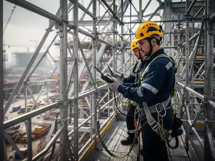 Professionelle Sicherheitsinspektion an einer Stahlkonstruktion mit Fokus auf Absturzsicherung und technische Ausrüstung. - Foto: über boerse-global.de