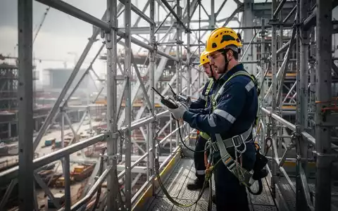 Professionelle Sicherheitsinspektion an einer Stahlkonstruktion mit Fokus auf Absturzsicherung und technische Ausrüstung. - Foto: über boerse-global.de
