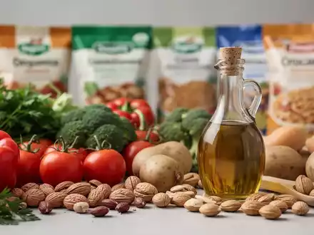 Frische, natürliche Lebensmittel im Vordergrund mit unscharfen verarbeiteten Produkten im Hintergrund. - Foto: über boerse-global.de