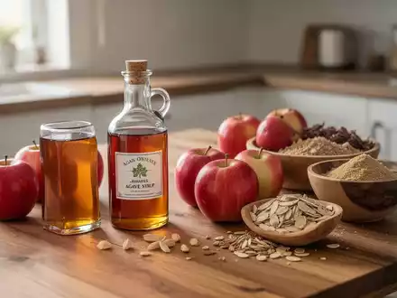 Verschiedene natürliche Süßungsmittel wie Agavendicksaft und frische Äpfel auf einem Holztisch. - Foto: über boerse-global.de