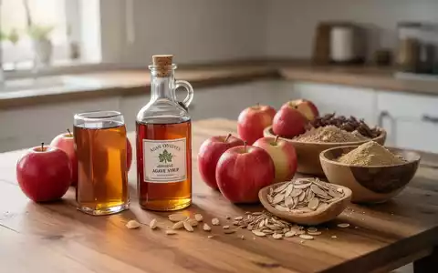 Verschiedene natürliche Süßungsmittel wie Agavendicksaft und frische Äpfel auf einem Holztisch. - Foto: über boerse-global.de
