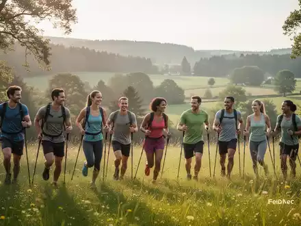 Menschen bei einer gemeinsamen Wanderung in einer grünen Naturlandschaft als Symbol für gesundheitsfördernde Angebote. - Foto: über boerse-global.de