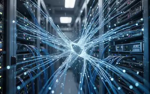 Abstraktes Bild eines futuristischen Serverraums mit leuchtenden Glasfaserkabeln und digitalen Sicherheitsbarrieren. - Foto: über boerse-global.de