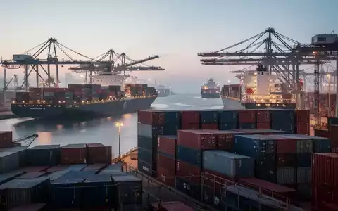 Ein moderner Seehafen mit Containerschiffen bei Dämmerung, der den internationalen Warenverkehr symbolisiert. - Foto: über boerse-global.de